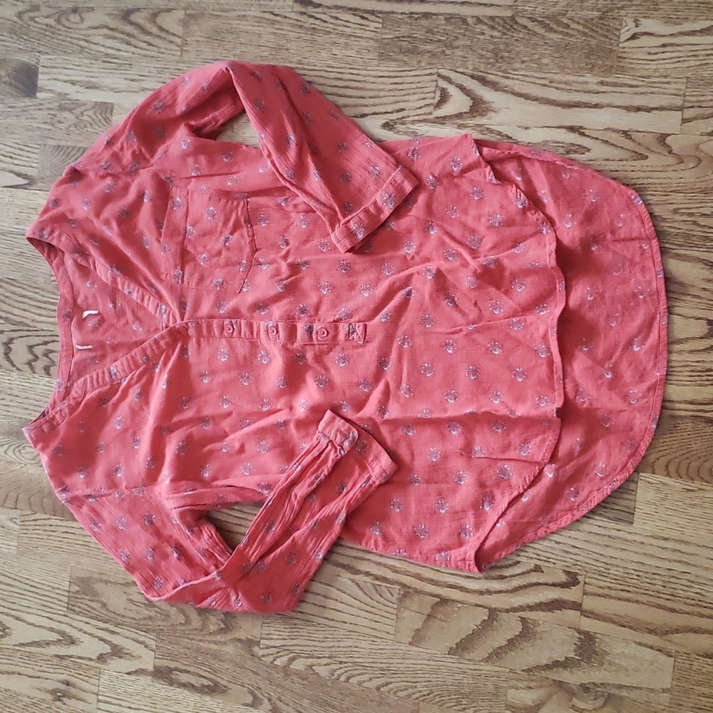 (M) Floral Print Classic Fit Blouse Lightweight Business Casual Bohemian